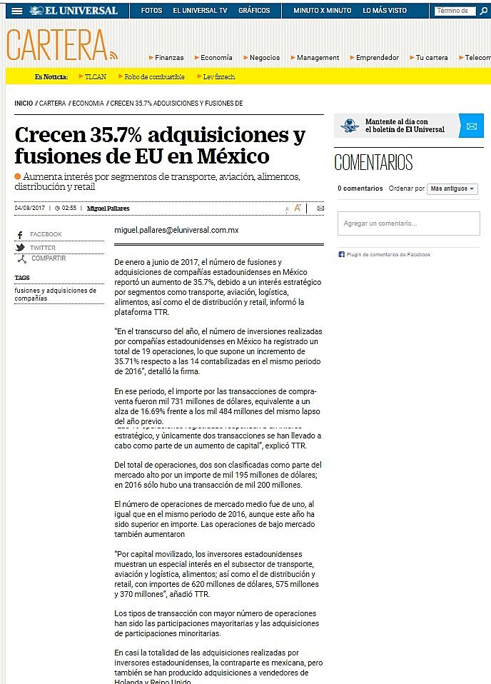 Crecen 35.7% adquisiciones y fusiones de EU en Mxico